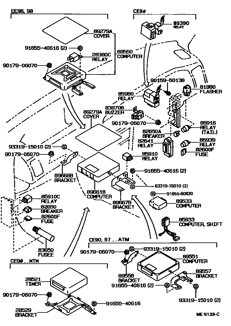 Toyota COROLLA 开关和继电器和ECU EPC diagram — MEN139C