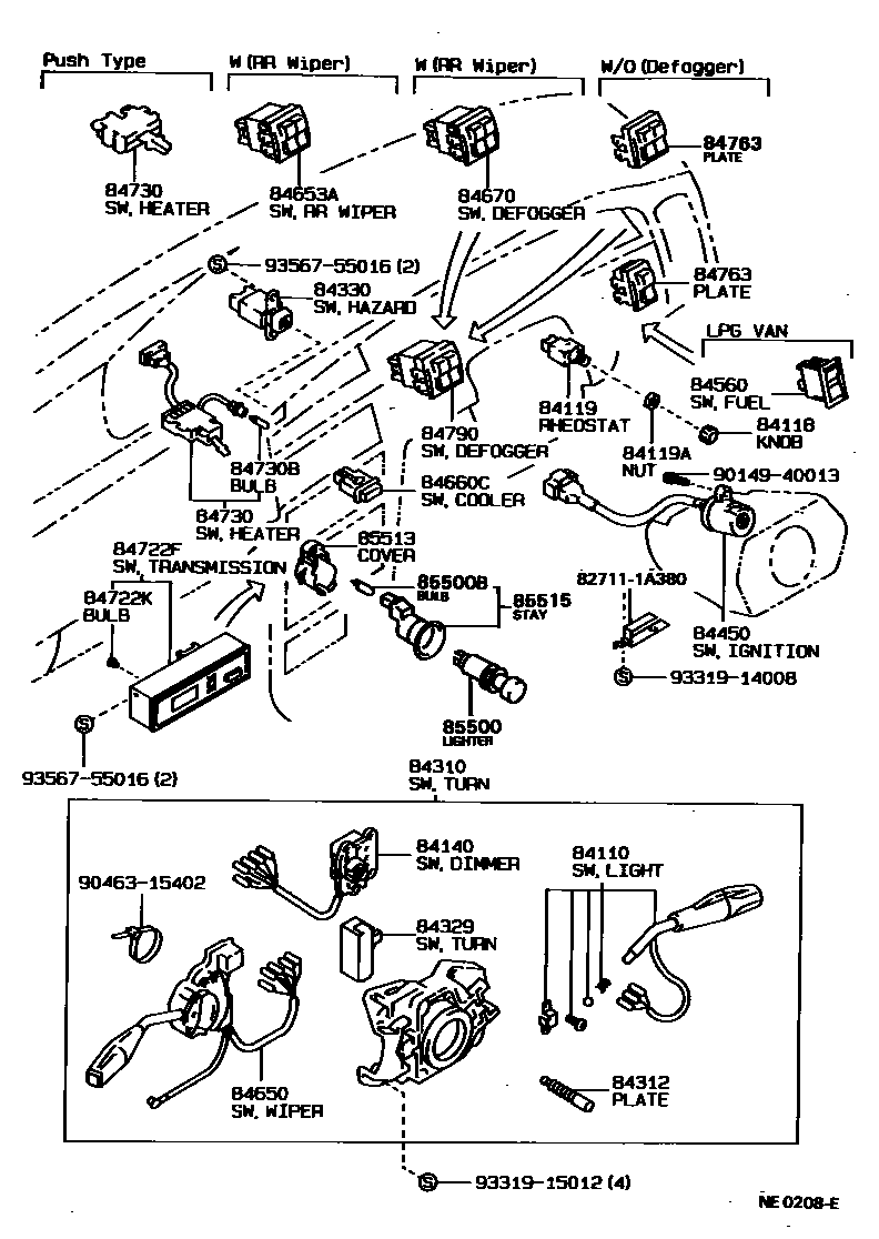 Toyota COROLLA 开关和继电器和ECU EPC diagram — NE0208E