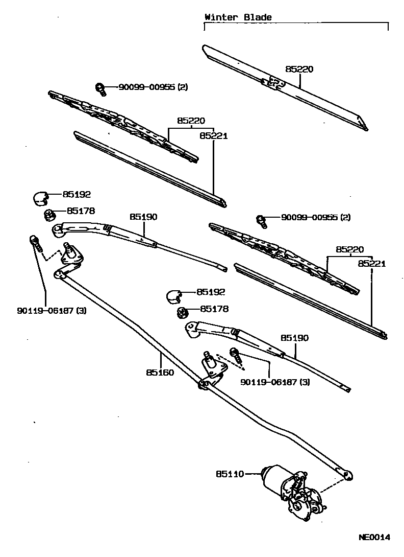Toyota COROLLA 挡风玻璃刮水器 EPC diagram — NE0014