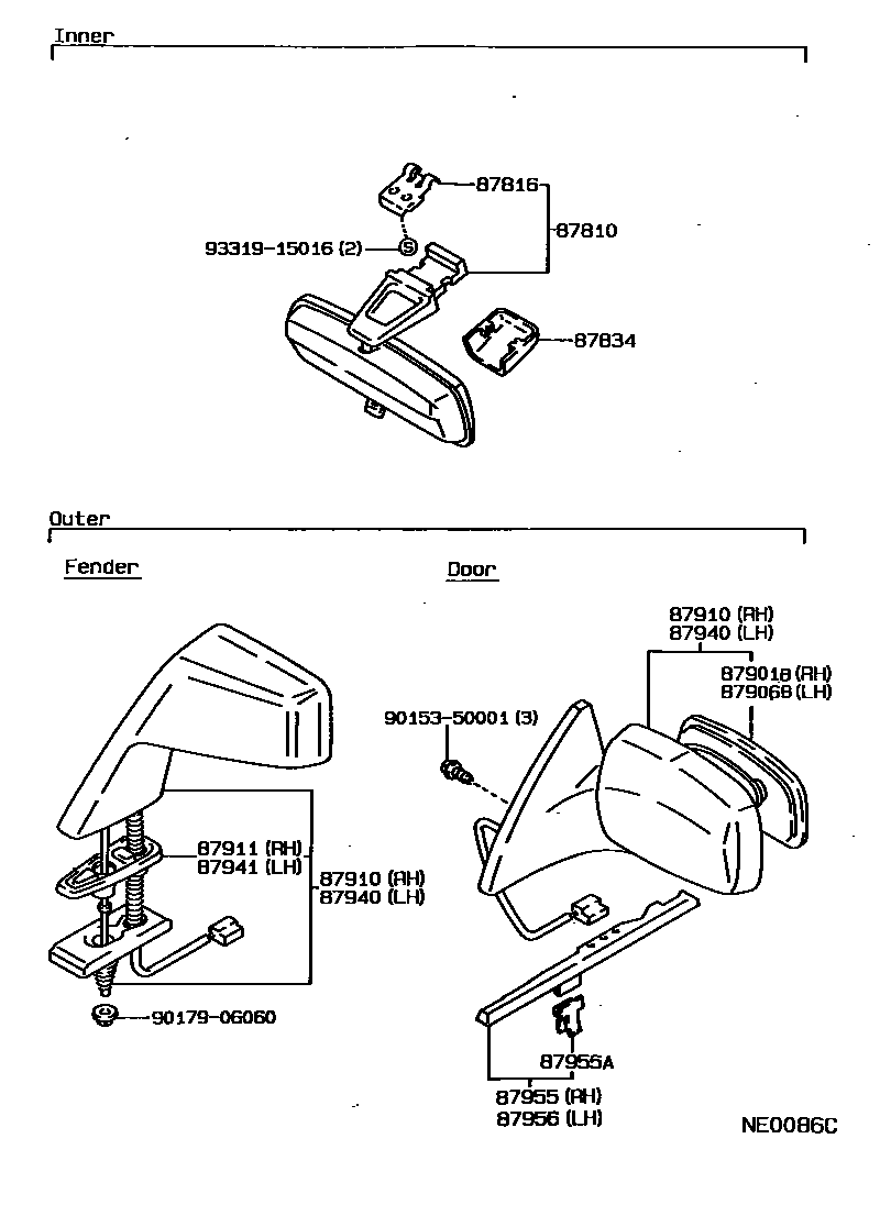 Toyota COROLLA 后视镜 EPC diagram — NE0086C