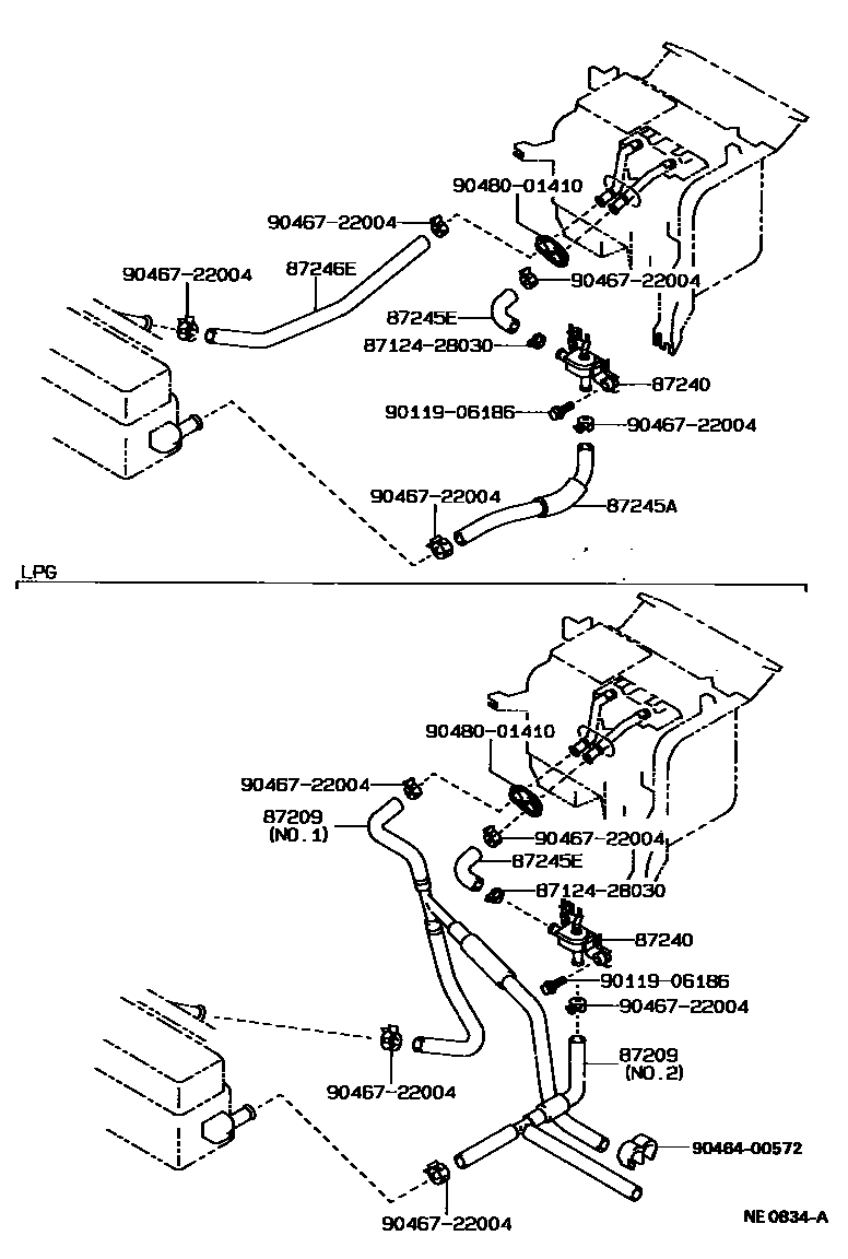 Toyota COROLLA 暖风和空调系统 - 水管 EPC diagram — NE0834A