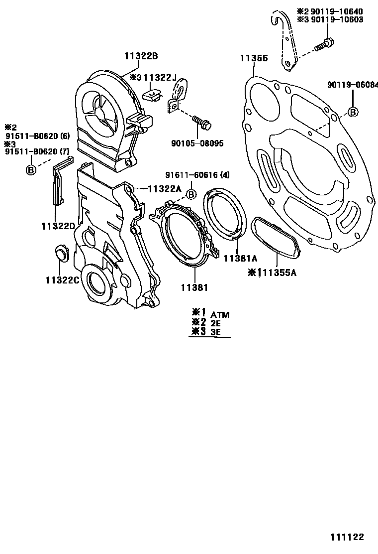 Toyota COROLLA Timing Gear Cover & Rear End Plate EPC diagram — 111122