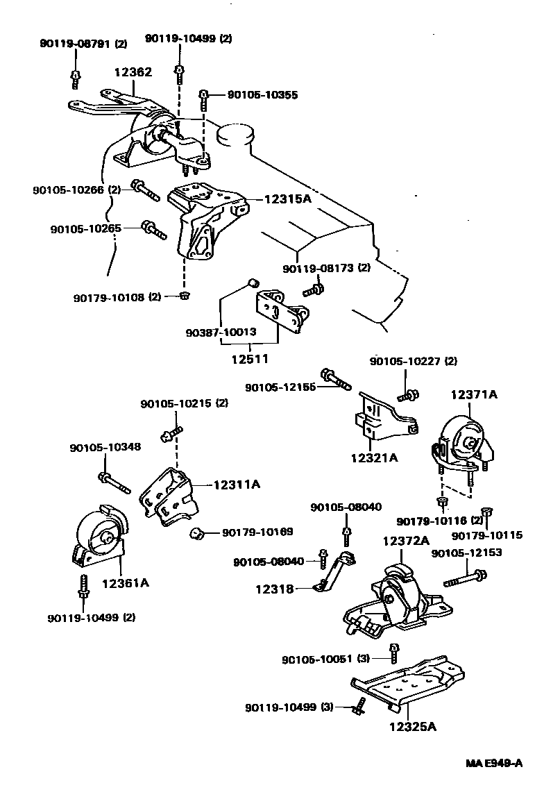 Toyota COROLLA Engine Mounting EPC diagram — MAE949A