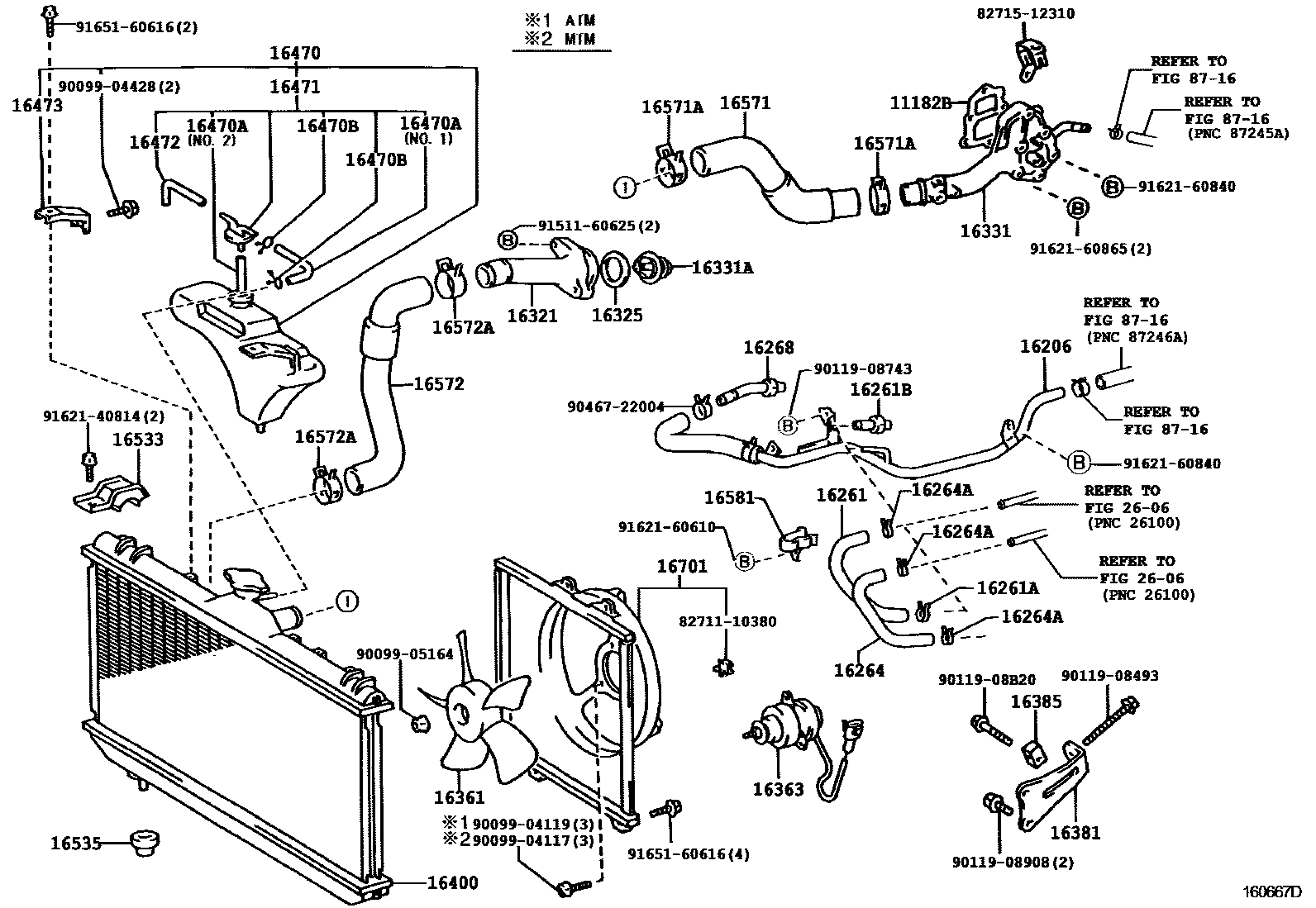 Toyota COROLLA RADIATOR & WATER OUTLET EPC diagram — 160667D