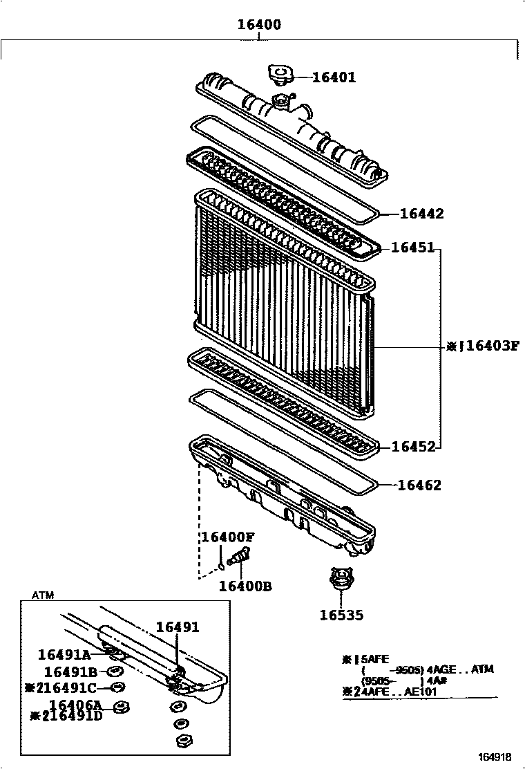 Toyota COROLLA RADIATOR & WATER OUTLET EPC diagram — 164918