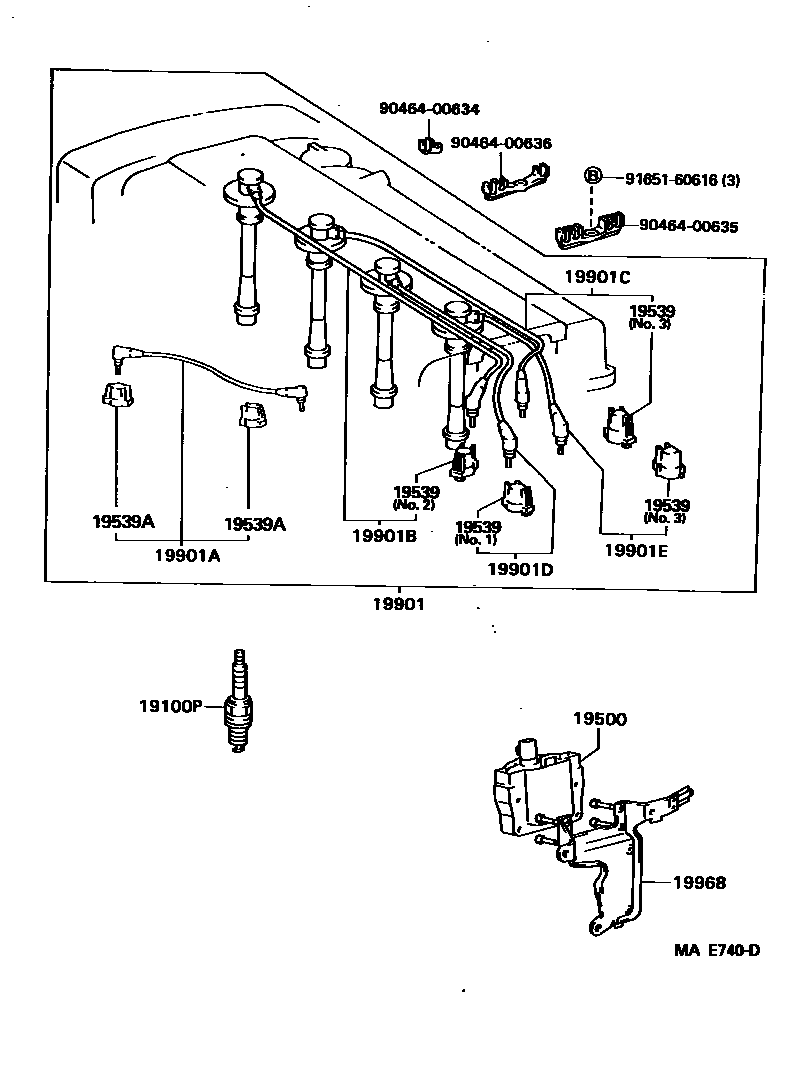 Toyota COROLLA 点火线圈和火花塞 EPC diagram — MAE740D