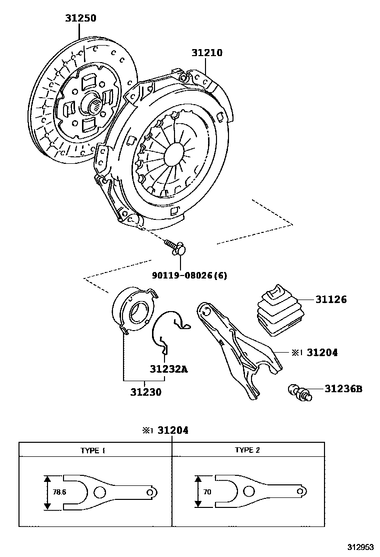 Toyota COROLLA 离合器和分离叉 EPC diagram — 312953