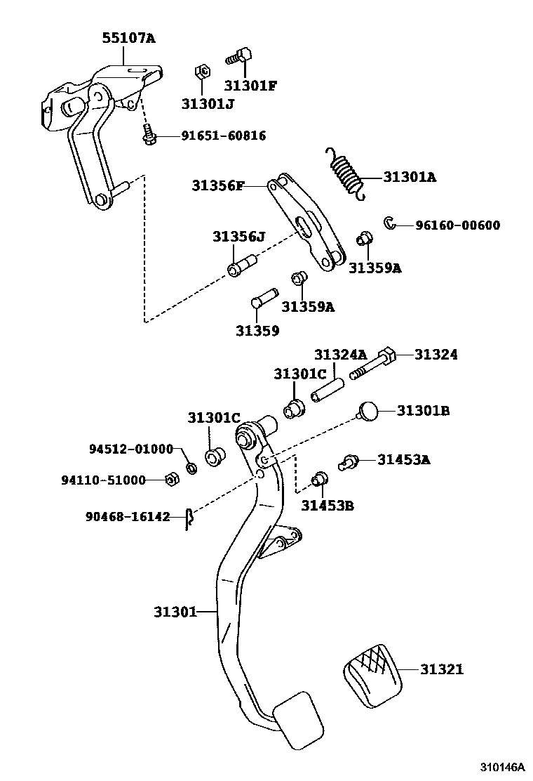 Toyota COROLLA 离合器踏板和挠性软管 EPC diagram — 310146A