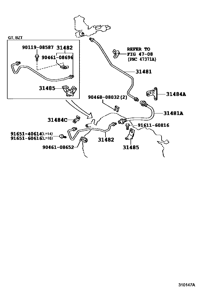 Toyota COROLLA 离合器踏板和挠性软管 EPC diagram — 310147A