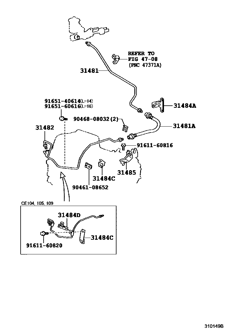 Toyota COROLLA 离合器踏板和挠性软管 EPC diagram — 310149B