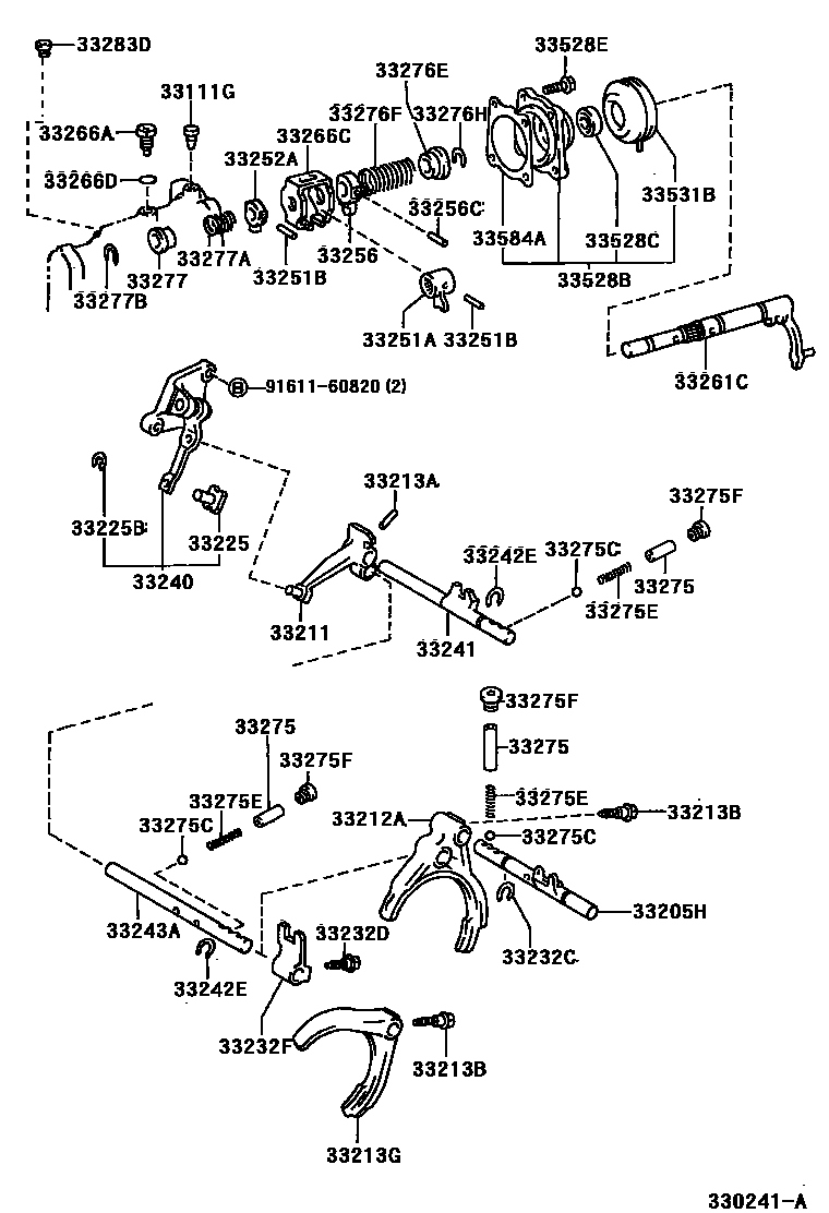 Toyota COROLLA 换档拨叉和换档杆轴(MTM) EPC diagram — 330241A