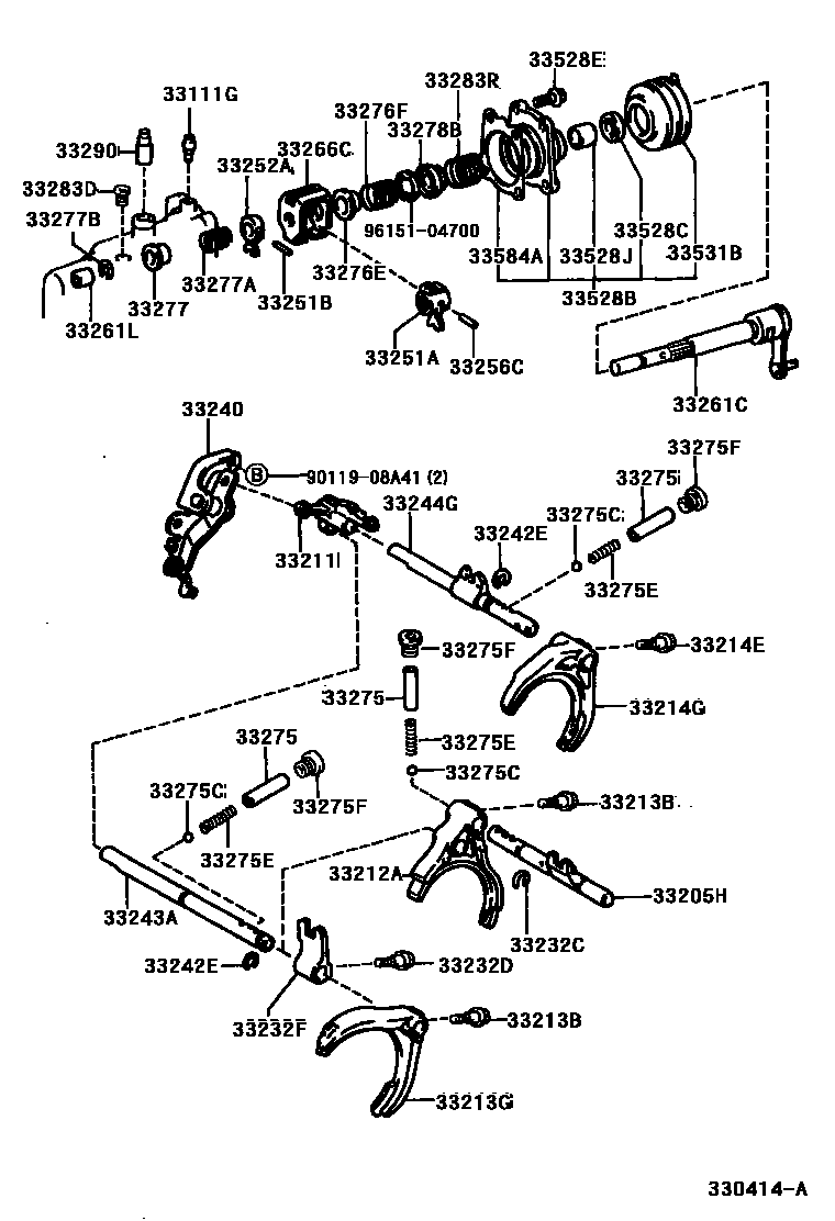 Toyota COROLLA 换档拨叉和换档杆轴(MTM) EPC diagram — 330414A