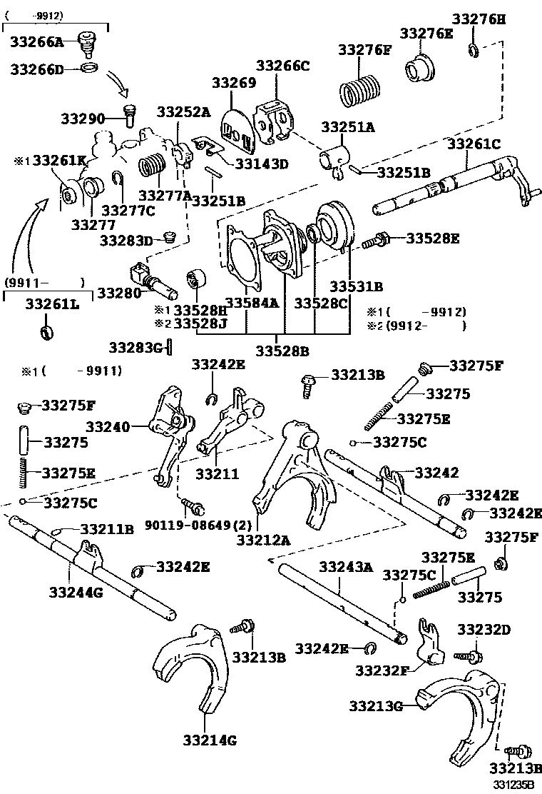 Toyota COROLLA 换档拨叉和换档杆轴(MTM) EPC diagram — 331235B