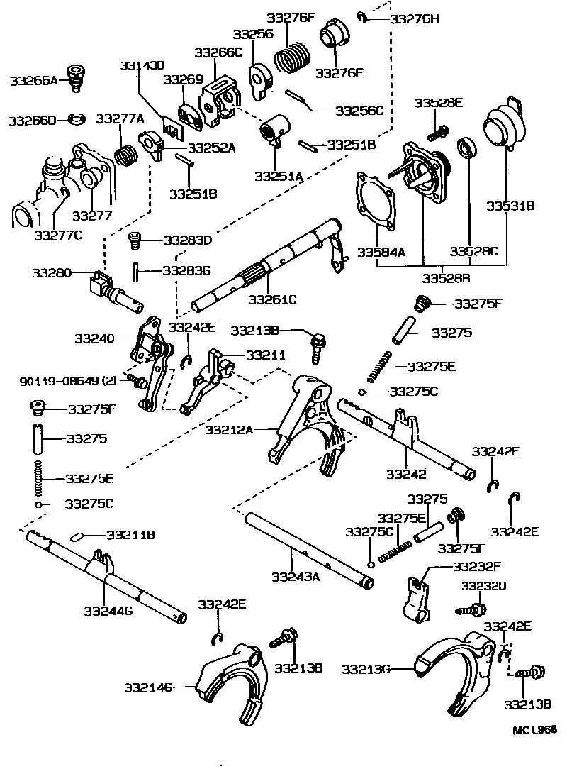 Toyota COROLLA 换档拨叉和换档杆轴(MTM) EPC diagram — MCL968