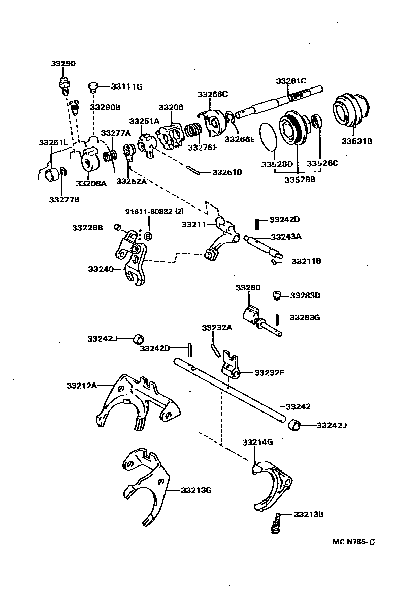 Toyota COROLLA 换档拨叉和换档杆轴(MTM) EPC diagram — MCN785C