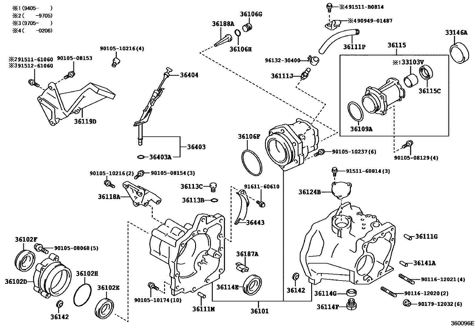 Toyota COROLLA Transfer Case & Extension Housing EPC diagram — 360096E