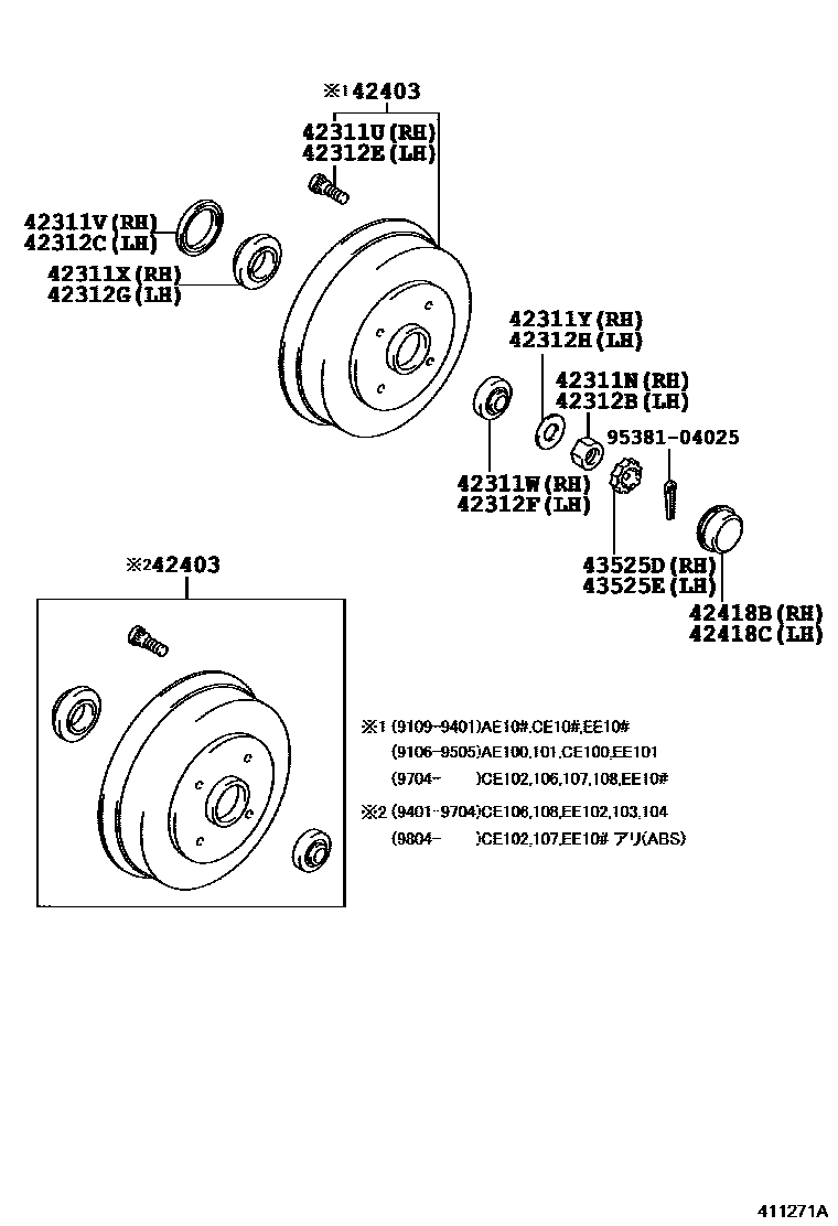Toyota COROLLA 后桥半轴和后桥轮毂 EPC diagram — 411271A
