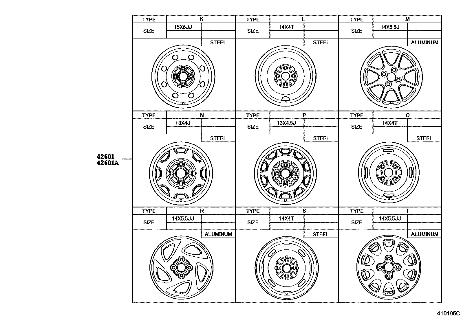 Toyota COROLLA 车轮和车轮盖 EPC diagram — 410195C
