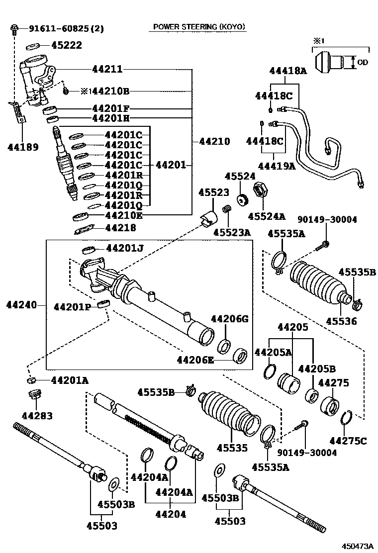 Toyota COROLLA 前转向齿轮和连杆 EPC diagram — 450473A