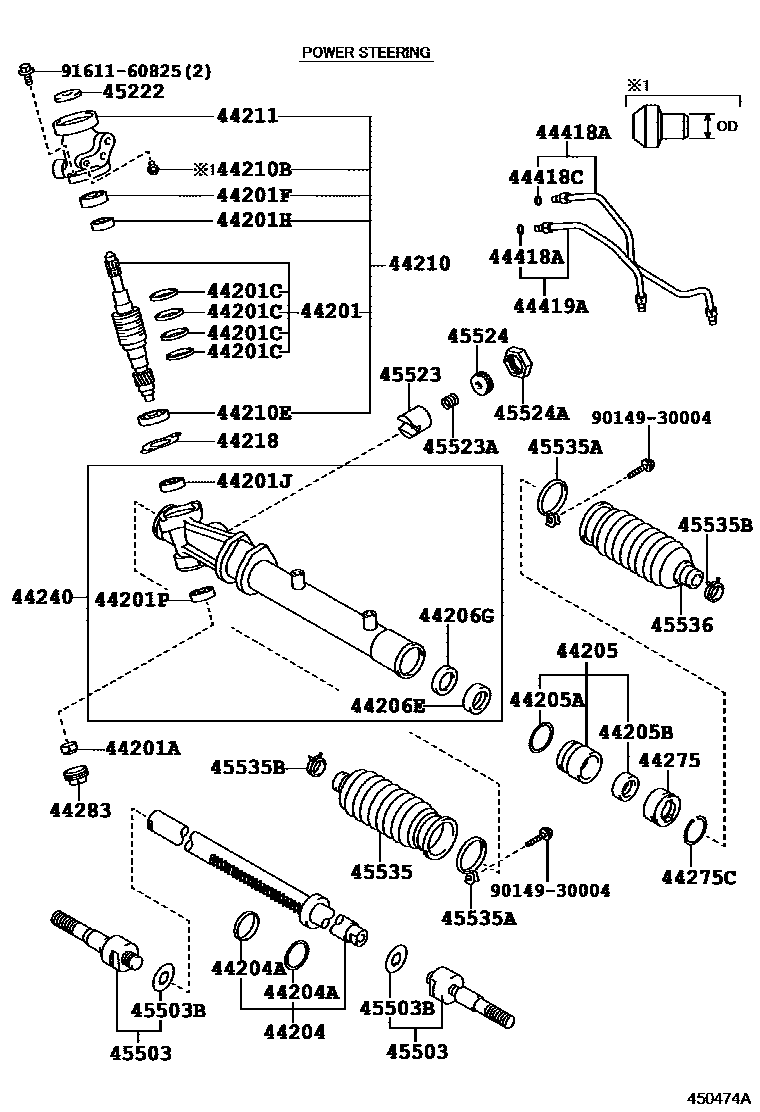Toyota COROLLA 前转向齿轮和连杆 EPC diagram — 450474A