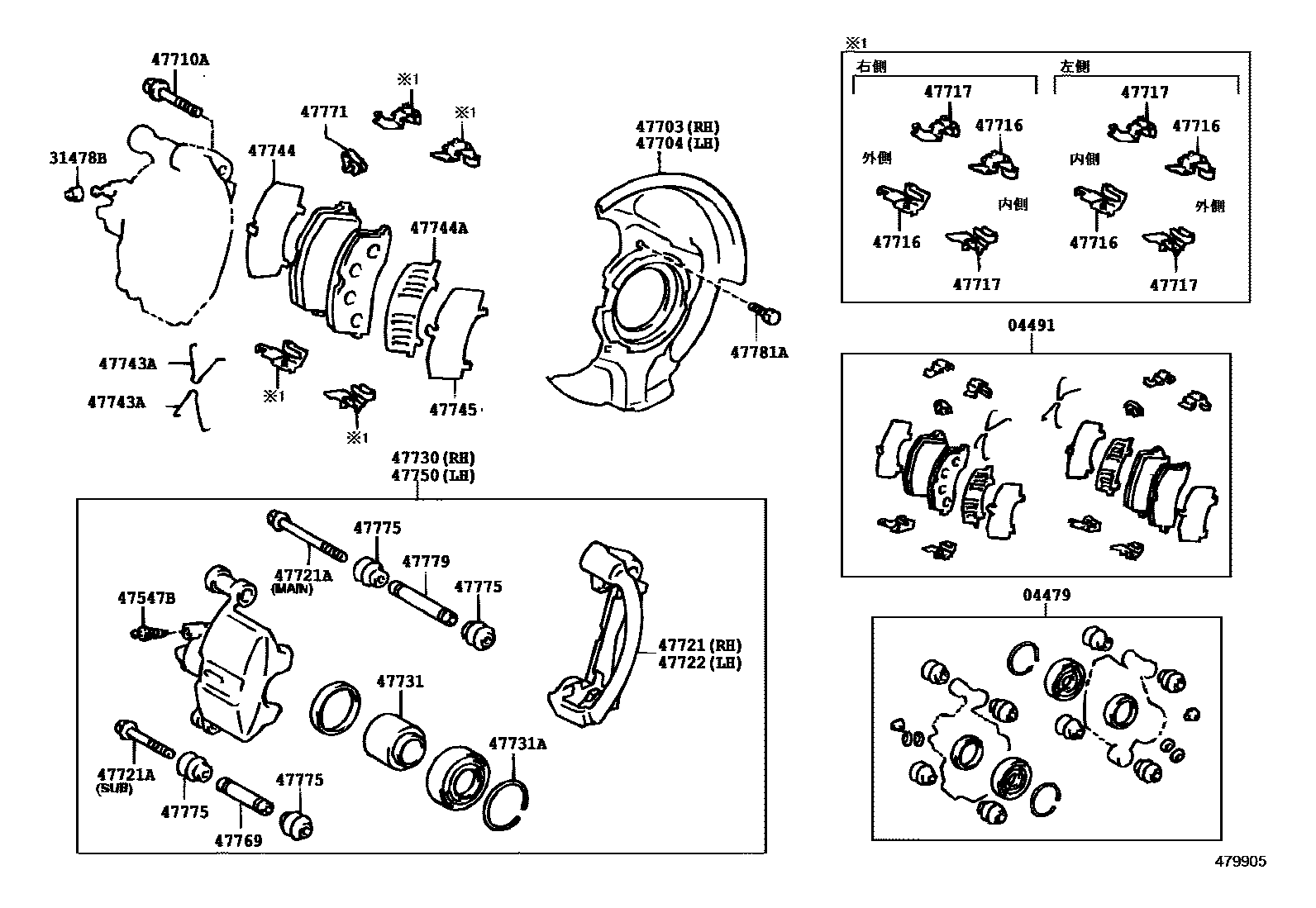 Toyota COROLLA 前盘式制动器卡钳和防尘罩 EPC diagram — 479905