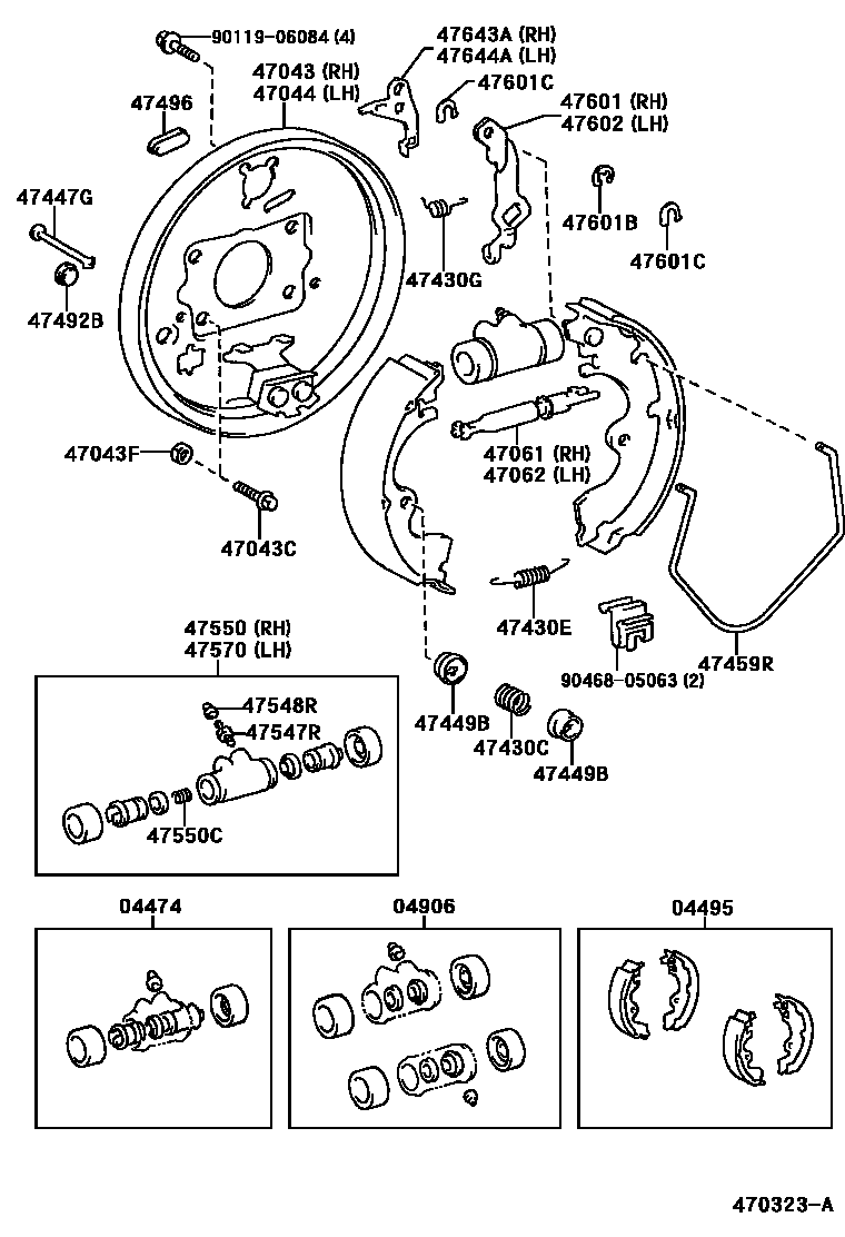 Toyota COROLLA 后鼓式制动器分泵和底板 EPC diagram — 470323A