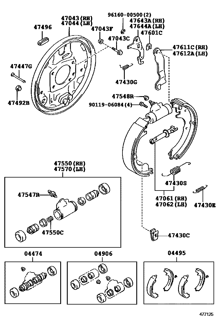 Toyota COROLLA 后鼓式制动器分泵和底板 EPC diagram — 477125