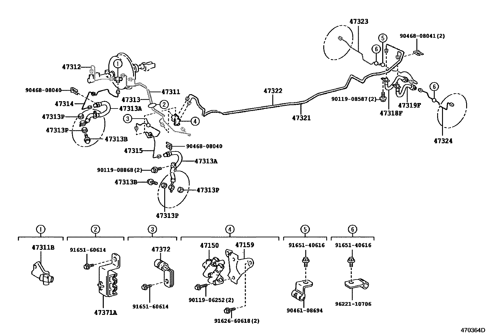 Toyota COROLLA 制动配管和卡箍 EPC diagram — 470364D