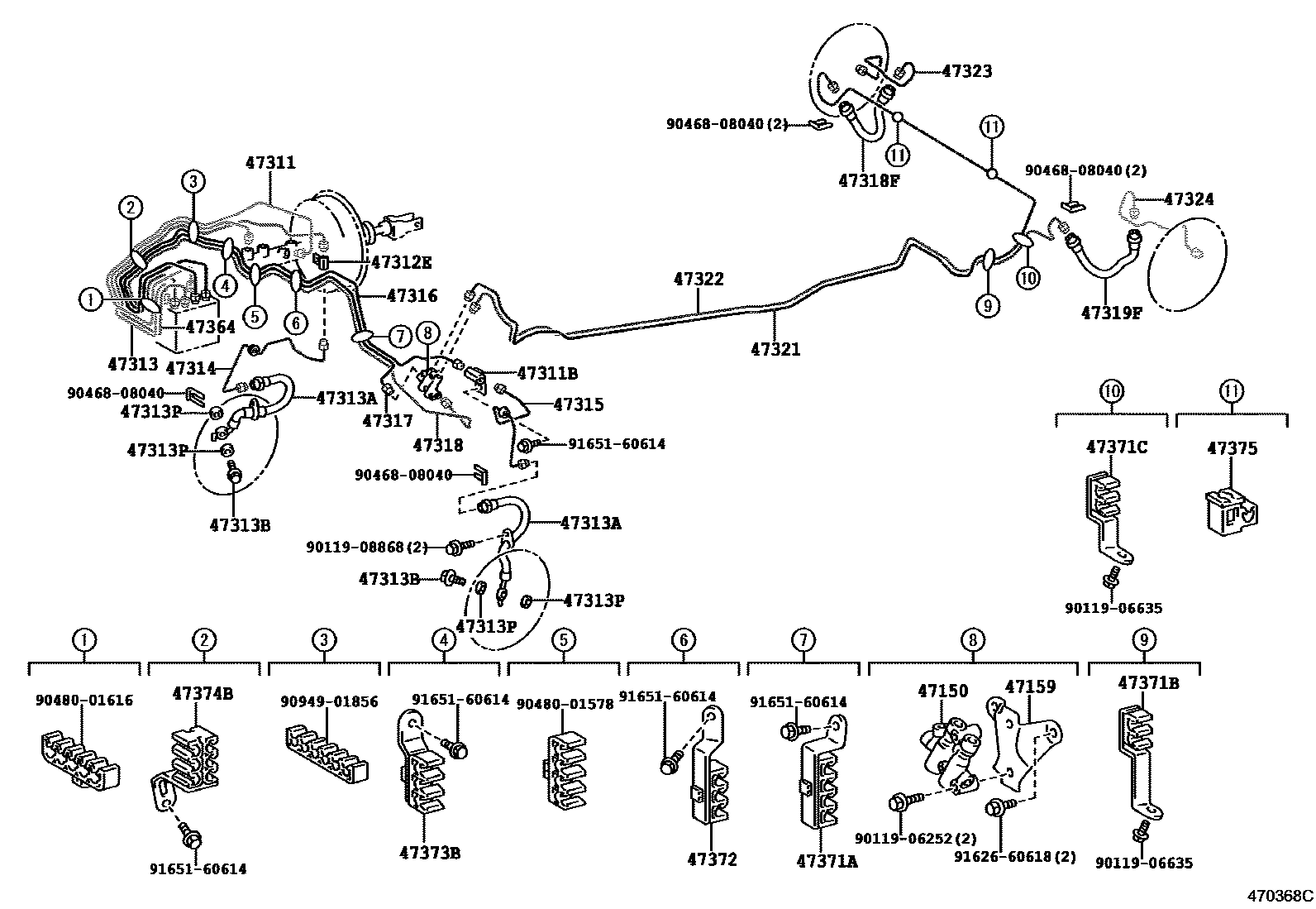 Toyota COROLLA 制动配管和卡箍 EPC diagram — 470368C