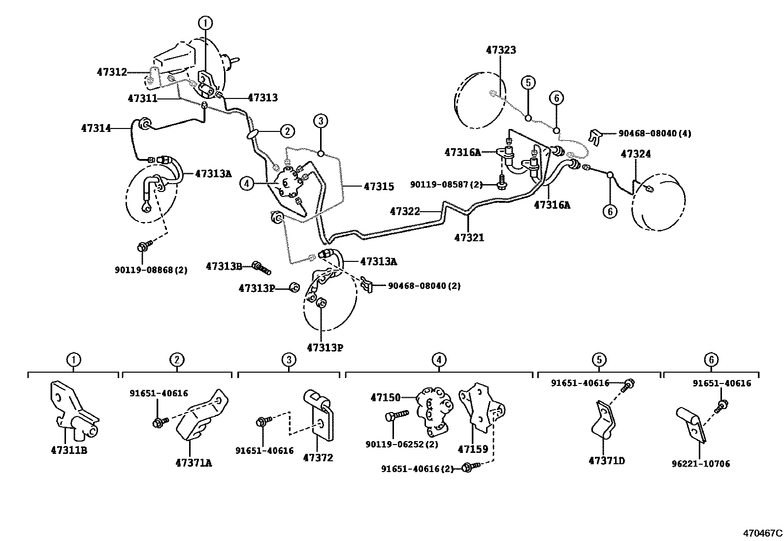Toyota COROLLA 制动配管和卡箍 EPC diagram — 470467C