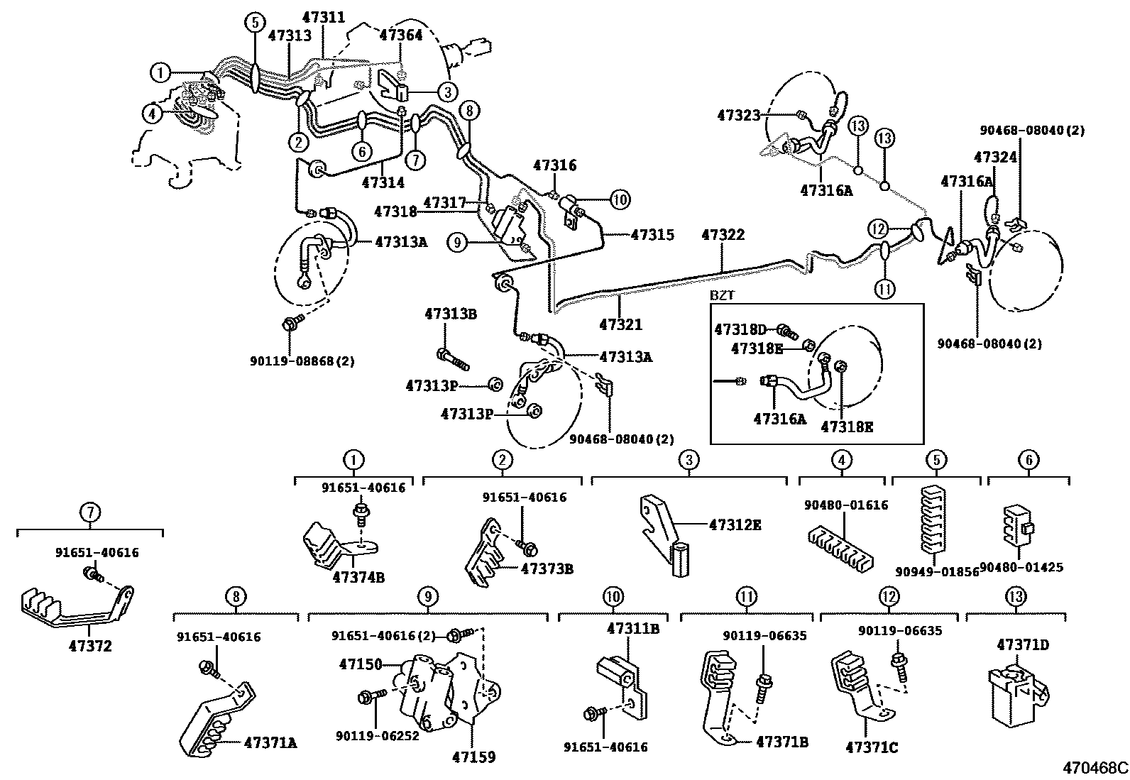 Toyota COROLLA 制动配管和卡箍 EPC diagram — 470468C