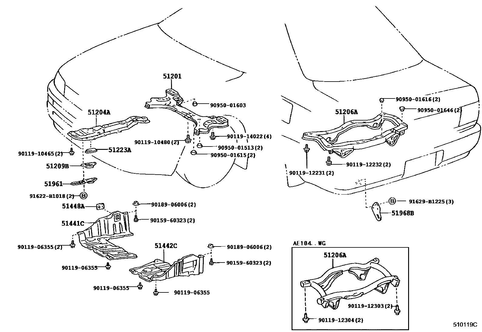 Toyota COROLLA 悬架横梁和发动机底罩 EPC diagram — 510119C