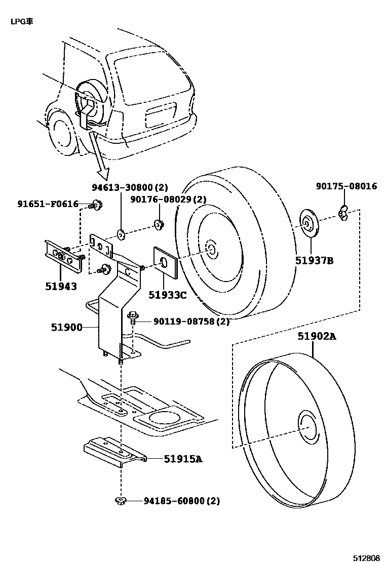 Toyota COROLLA Spare tire rack EPC diagram — 512808