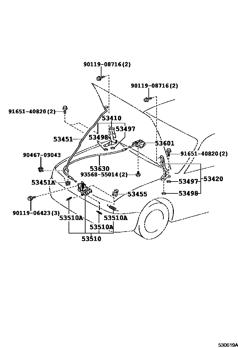 Toyota COROLLA 发动机盖锁和铰链 EPC diagram — 530619A