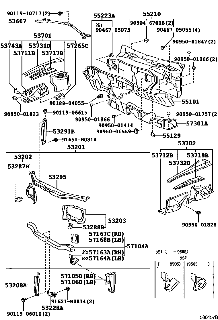 Toyota COROLLA 前翼子板挡泥板和前围板 EPC diagram — 530157B