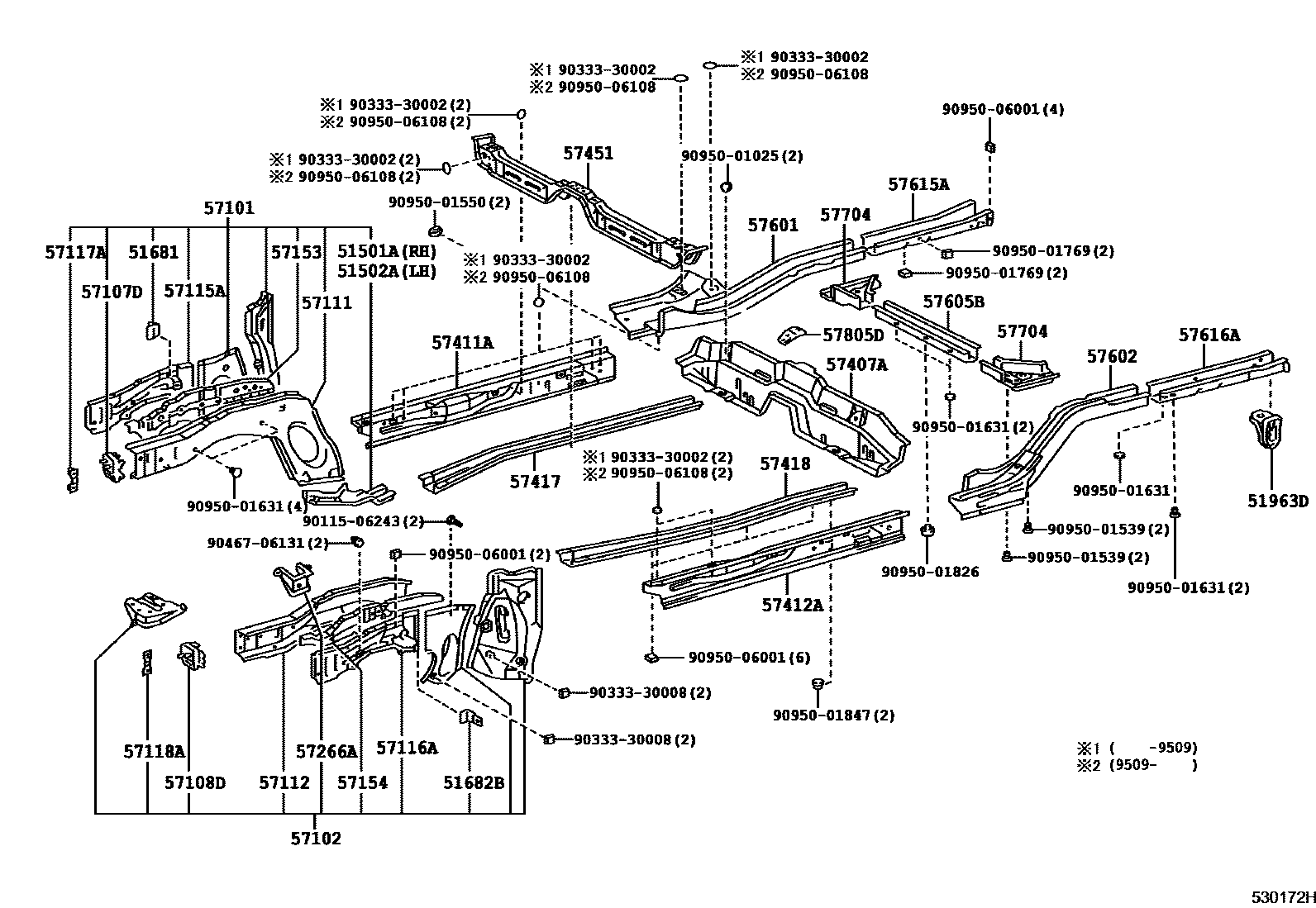 Toyota COROLLA Floor stringers EPC diagram — 530172H