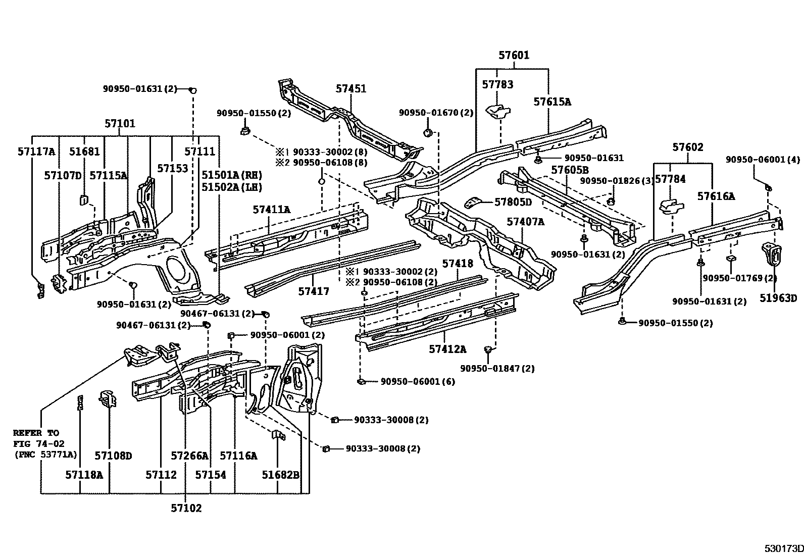 Toyota COROLLA Floor stringers EPC diagram — 530173D