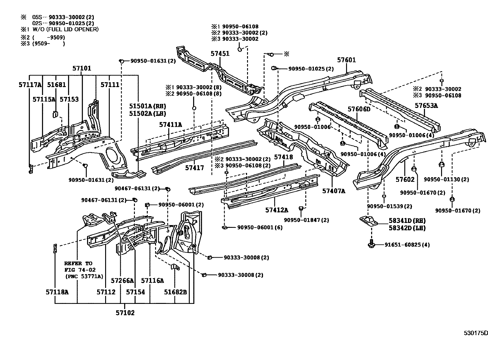 Toyota COROLLA Floor stringers EPC diagram — 530175E