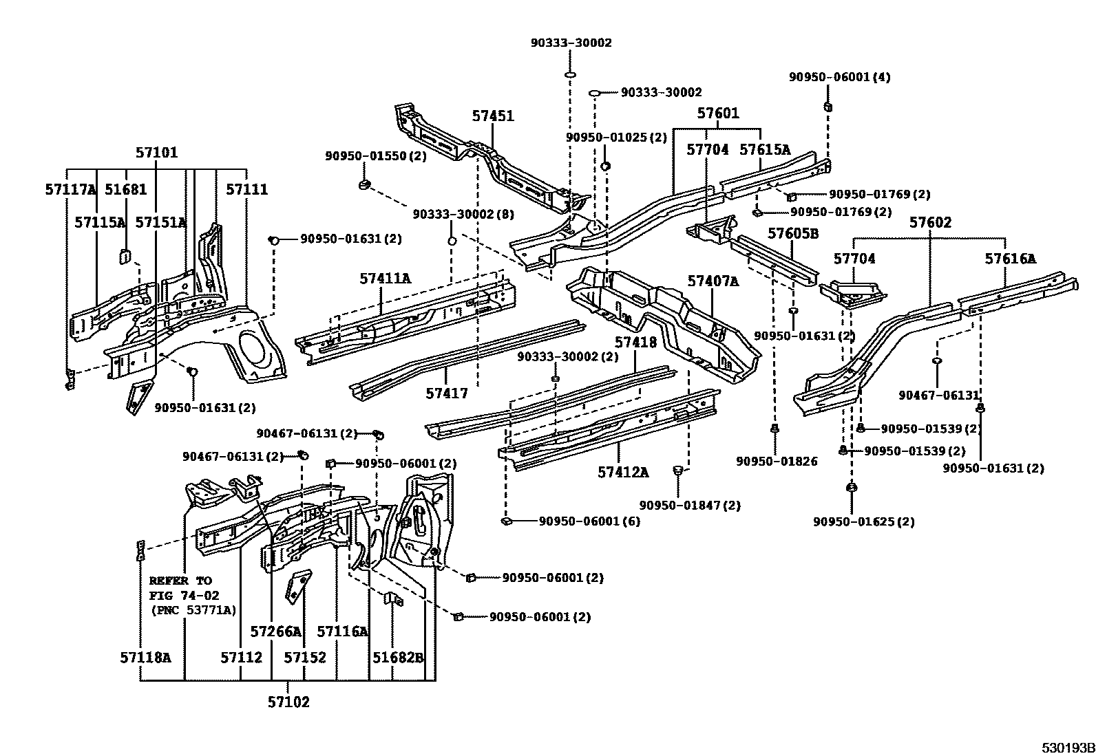 Toyota COROLLA Floor stringers EPC diagram — 530193B