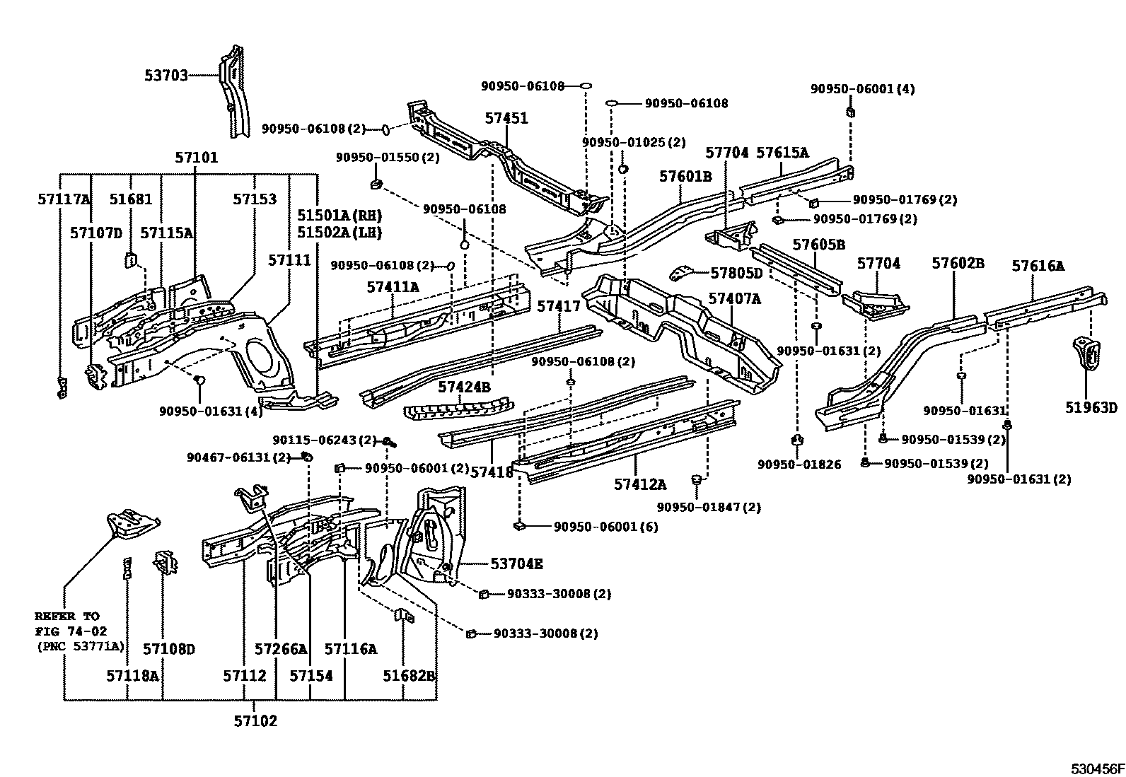 Toyota COROLLA Floor stringers EPC diagram — 530456F