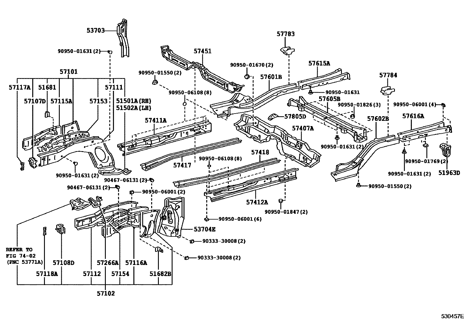 Toyota COROLLA Floor stringers EPC diagram — 530457E