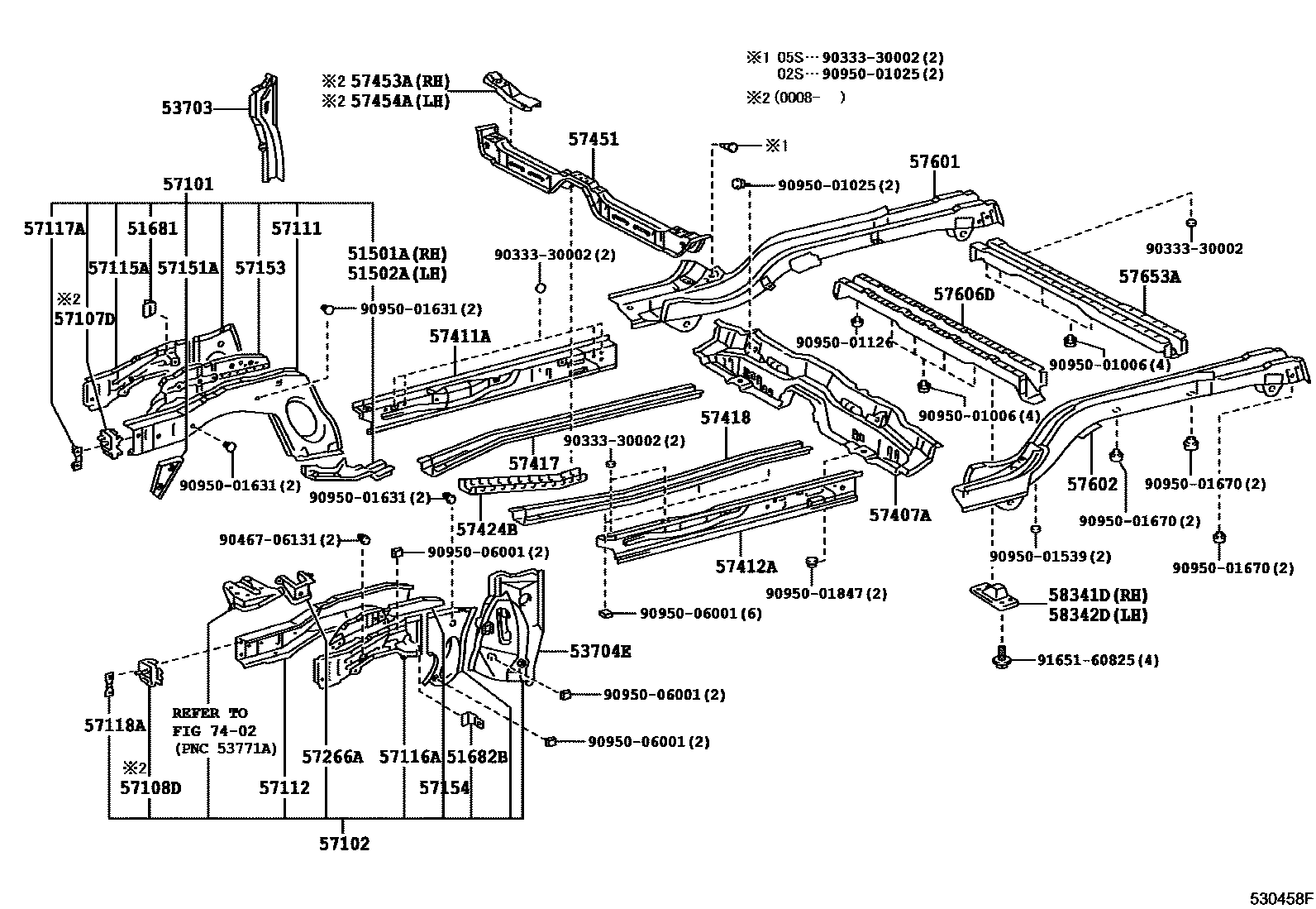 Toyota COROLLA Floor stringers EPC diagram — 530458F