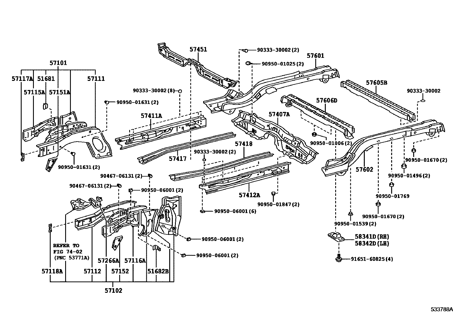 Toyota COROLLA Floor stringers EPC diagram — 533788A