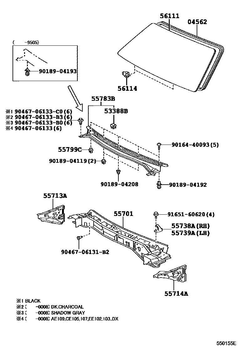 Toyota COROLLA 前围板和挡风玻璃 EPC diagram — 550155E