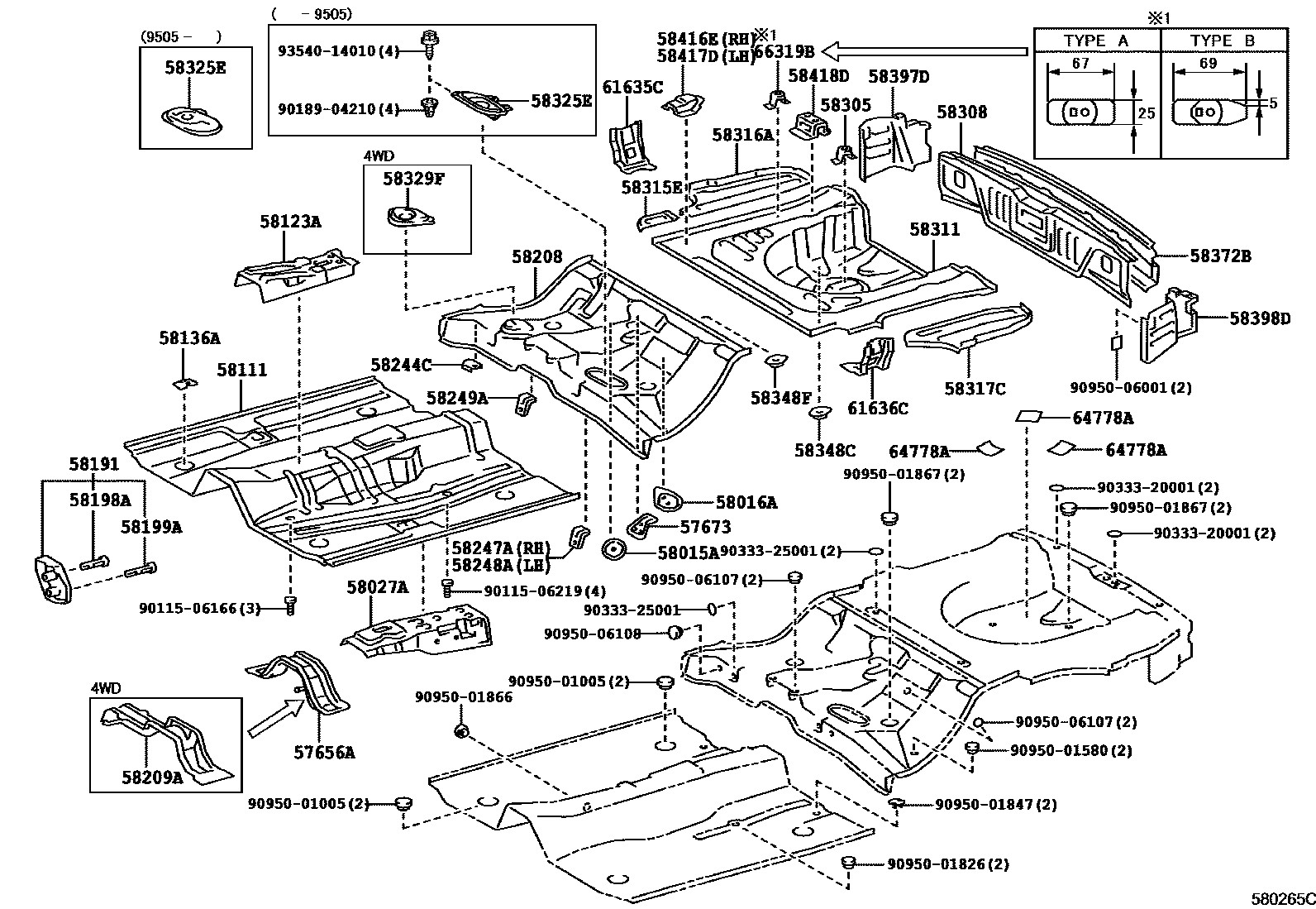 Toyota COROLLA 浅盘形地板和车身下背板 EPC diagram — 580265C