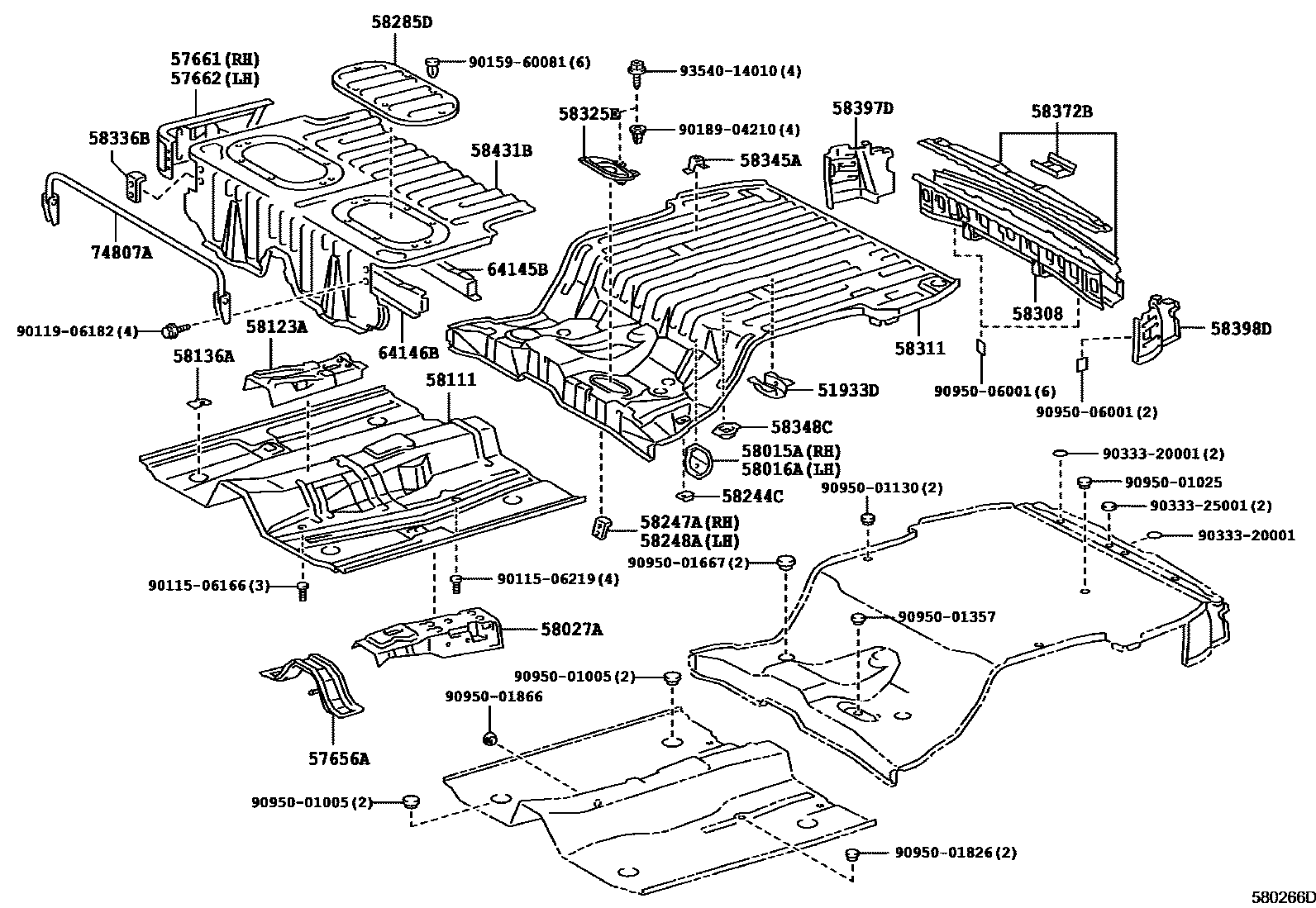 Toyota COROLLA 浅盘形地板和车身下背板 EPC diagram — 580266D