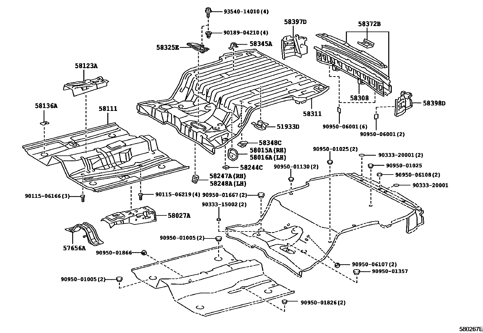 Toyota COROLLA 浅盘形地板和车身下背板 EPC diagram — 580267E