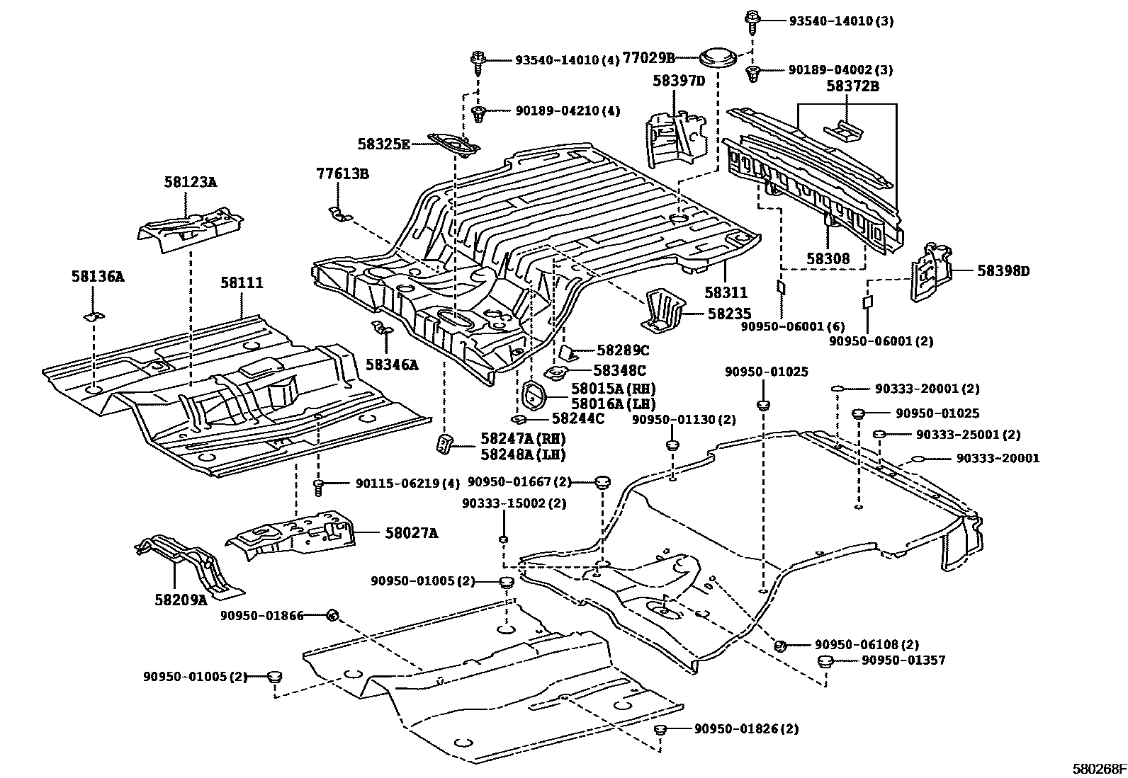 Toyota COROLLA 浅盘形地板和车身下背板 EPC diagram — 580268F