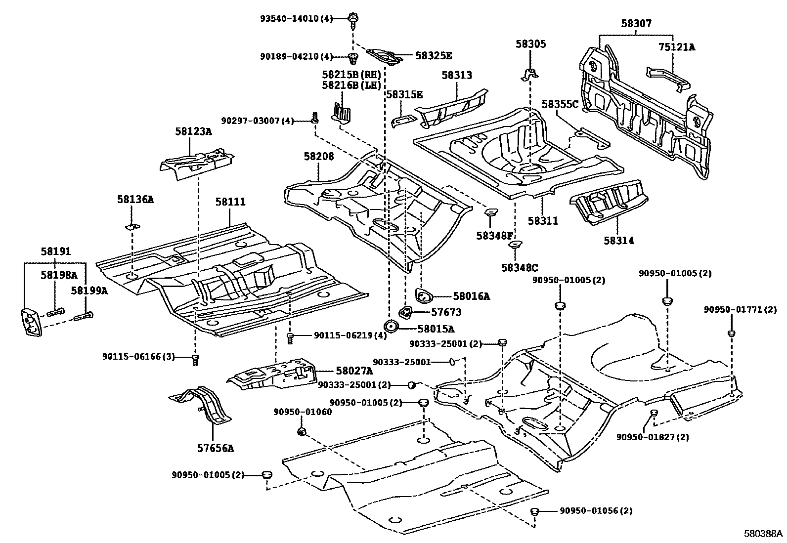 Toyota COROLLA 浅盘形地板和车身下背板 EPC diagram — 580388A