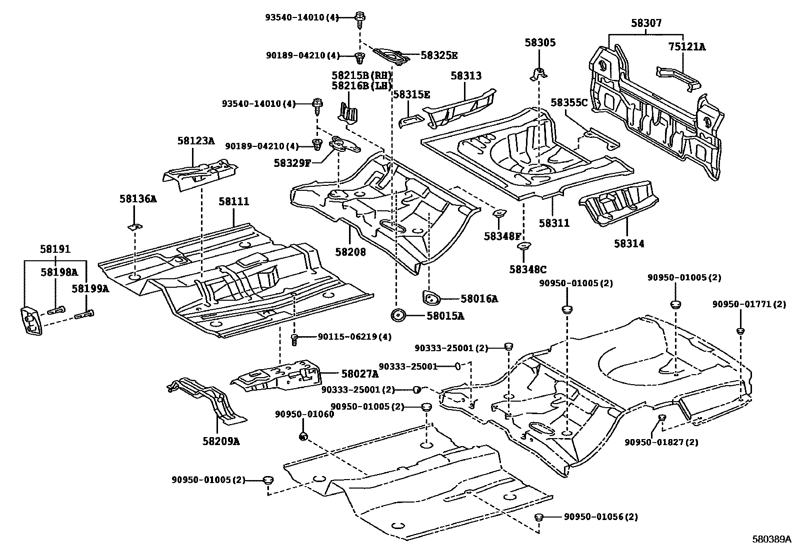 Toyota COROLLA 浅盘形地板和车身下背板 EPC diagram — 580389A